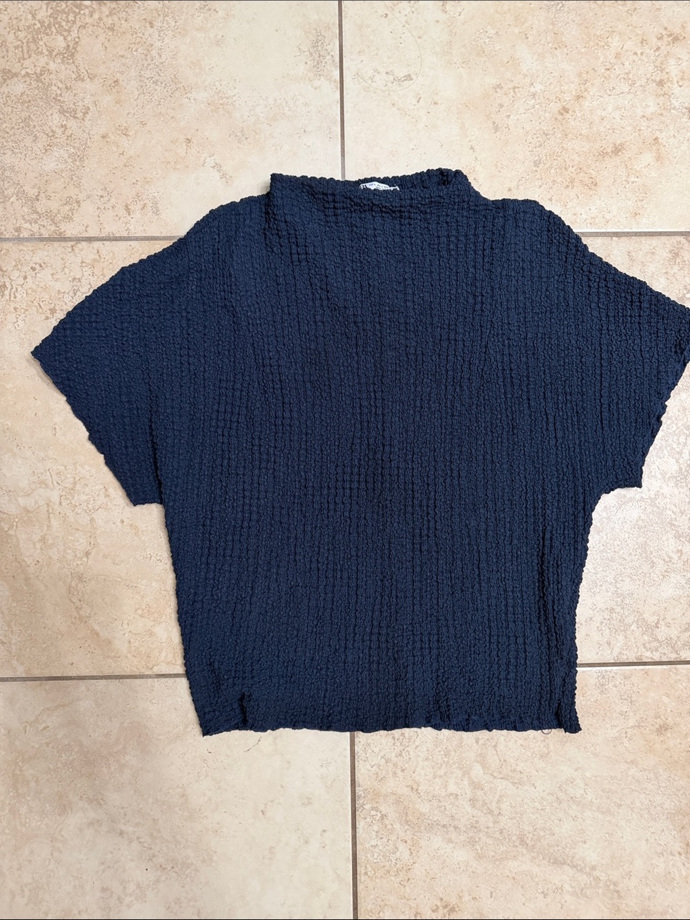Zara Navy Textured Short-Sleeve Crop Top